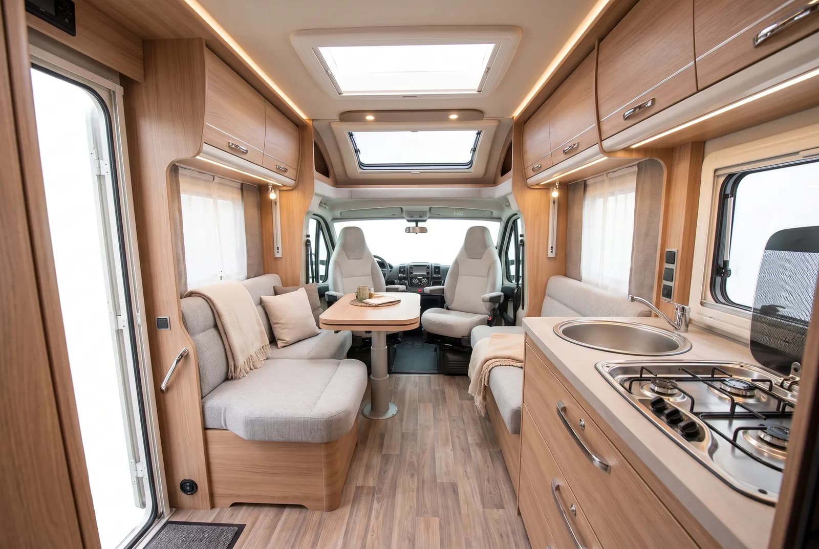 Interieur van een camper met dakluiken en keuken